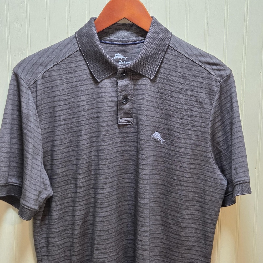 Tommy Bahama Polo Shirt Mens Small Gray Stripe Short Sleeve Tagless Knit Top